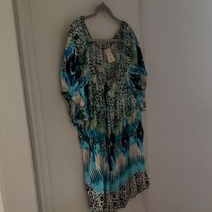 Faded Glory Teal, Blue and Black Printed Boho Top